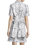Short-Sleeve Scribble-Print Shirtdress, Chalk/Black