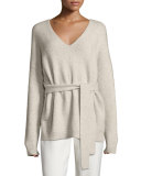 Barrett Belted V-Neck Wool-Blend Sweater, Oatmeal