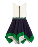 Sleeveless Belted Scuba & Poplin Handkerchief Dress, Navy/White, Size 7-16