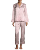 Fan-Print Satin Pajama Set, Pearl/Red