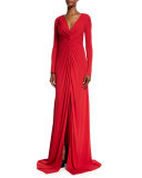 Long-Sleeve Twist-Front Jersey Gown, Red