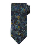 Plume-Print Silk Tie, Gray