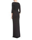 3/4-Sleeve Twist-Front Gown, Black
