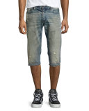 Distressed Slim-Fit Denim Shorts, Blue