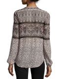 Pintucked Printed Silk Blouse, Nude