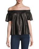 Carmen Smocked Leather Off-the-Shoulder Short-Sleeve Top, Black