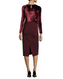 Long Sleeve Faux-Wrap Velvet Jersey Sheath Dress, Claret 