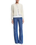 Butterfly-Sleeve Jewel-Neck Top, White