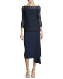 3/4-Sleeve Tiered-Lace Blouse, Midnight Blue