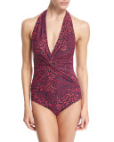 Lantana Twist-Front Printed Halter One-Piece Swimsuit