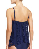 Snake Charmer Embroidered-Cutout Swim Top, Navy