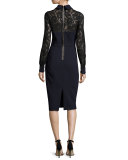 Collared Lace-Trim Crepe Sheath Dress, Navy/Black