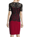 Short-Sleeve Lace-Overlay Crepe Sheath Dress, Garnet