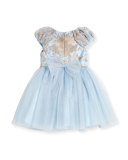Cap-Sleeve Embroidered Tulle Dress, Blue, Size 3-6