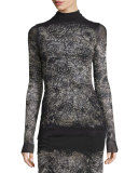 Long-Sleeve Abstract-Print Blouse, Black 