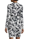 Long-Sleeve Ruched-Front Sheath Dress, Black/White