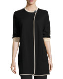 Contrast-Trim 3/4-Sleeve Long Jacket, Black/Multi
