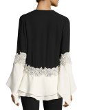 Tiered Georgette Lace-Inset Blouse, Black/Ivory