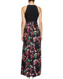 Tropical-Print Sleeveless Maxi Dress, Navy/Red/Pink