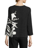 Leaf-Print 3/4-Sleeve Tunic, Black/Multi