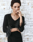 3/4-Sleeve Feather-Trim Cashmere V-Neck Sweater 