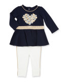 Long-Sleeve Peplum Heart Top w/ Leggings, Navy, Size 12-24 Months