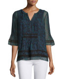 Chantal Half-Sleeve Printed Crinkle-Chiffon Blouse, Cricket
