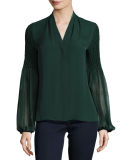 Georgia Smocked Long-Sleeve Silk Blouse