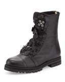 Havana Floral-Embellished Combat Boot, Black