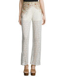 Beaded Crochet-Lace Wide-Leg Pants, Ivory