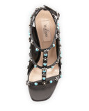 Rockstud Cabochon Caged 100mm Sandal, Black/Turquoise