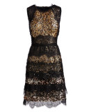 Sleeveless Tiered Lace & Sequin Cocktail Dress, Gold