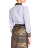 Brocade-Trim Belted Blouse, Blue