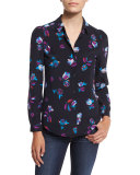 Silk Button-Front Bellflower Top, Navy/Multicolor