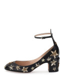 Star-Studded Low-Heel Ankle-Strap Pump, Nero/Al Campione