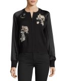 Jeweled Embroidered Wool Bomber Jacket, Black