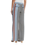 Mixed-Print Silk Wide-Leg Trousers, Light Pumice