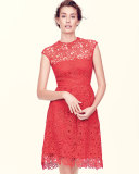 Cap-Sleeve Jewel-Neck Lace Dress, Red