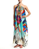 Printed Silk Crepe Halter Maxi Dress, Soaring 