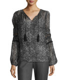 Joanne Tasseled V-Neck Floral-Print Blouse, Black