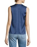 Sleeveless Tassel-Trim V-Neck Blouse, Blue-Gray