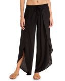 Justina Split-Front Wide-Leg Coverup Pants, Black