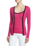 Contrast-Trim Long-Sleeve Cashmere Cardigan, Geranium