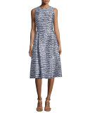 Sleeveless Pleated Dance Dress, Indigo/White