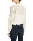 Long-Sleeve Semisheer Henley Blouse w/ Crocheted Trim, Cream