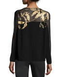 Semisheer Bateau-Neck Jacquard Lace Sweater, Black/Gold