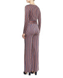 Starla Long-Sleeve Rickrack Stripe Jumpsuit, Khaki/Midnight/Orange