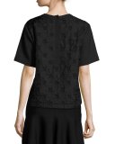 Short-Sleeve Boxy Jacquard Cloque Top, Black