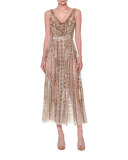Sleeveless Sequined Tulle Gown, Nude/Gold