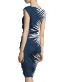 Mojorra Ruched Leaf-Print Sheath Dress, Navy/White